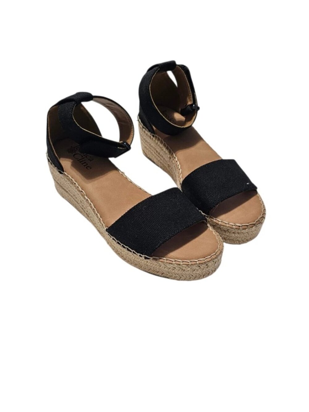 Jessica Cline Wedge Espadrille Sandals Women’s 6M Black Raffia Ankle Strap